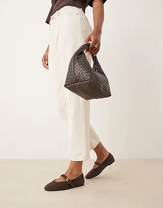 Wide Fit Leah mary jane ballet flats in chocolate suedette