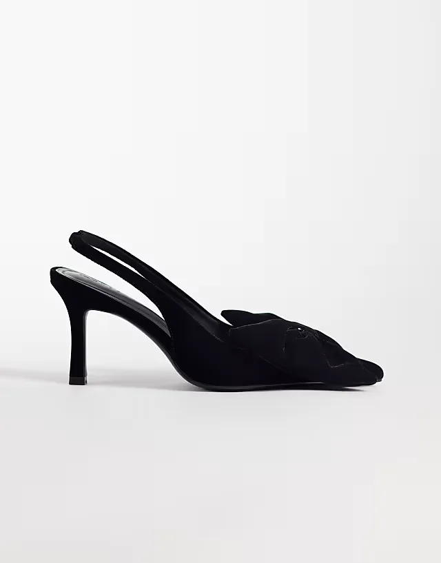 Shine slingback bow detail mid heel shoes in black velvet