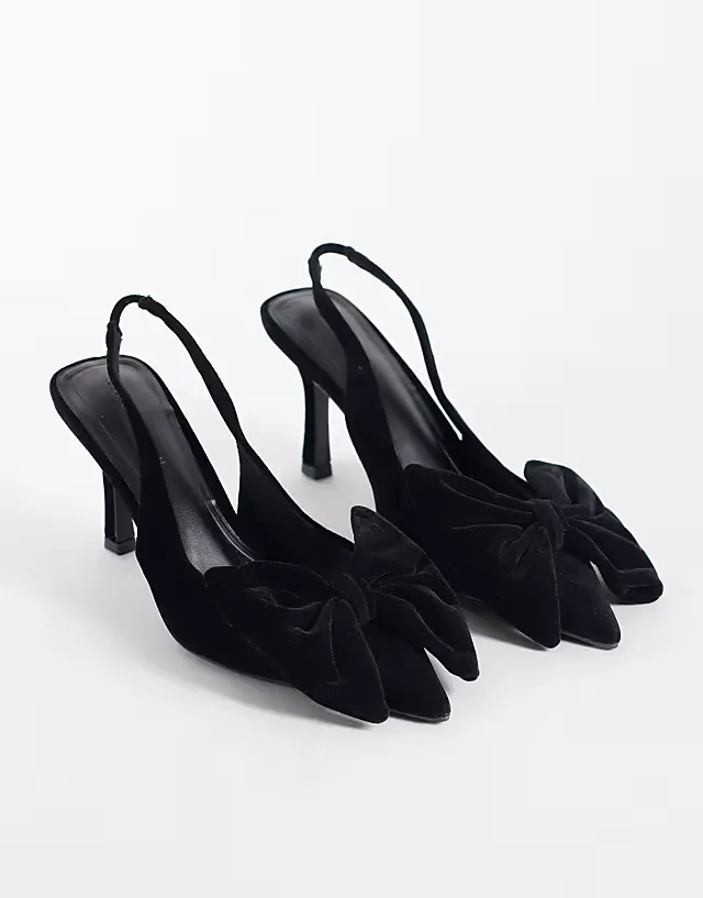 Shine slingback bow detail mid heeled shoes in black velvet