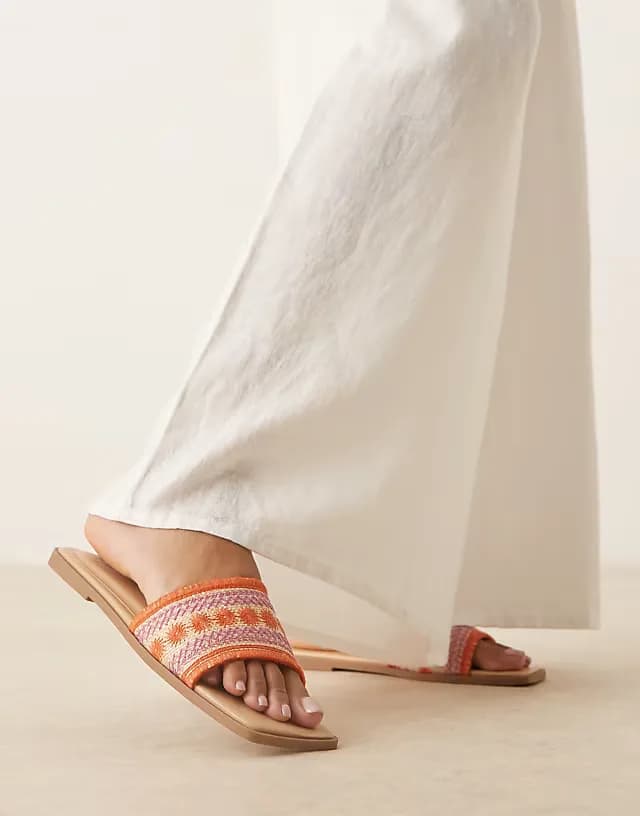 Fig square toe flat mule sandals with embroidery in natural