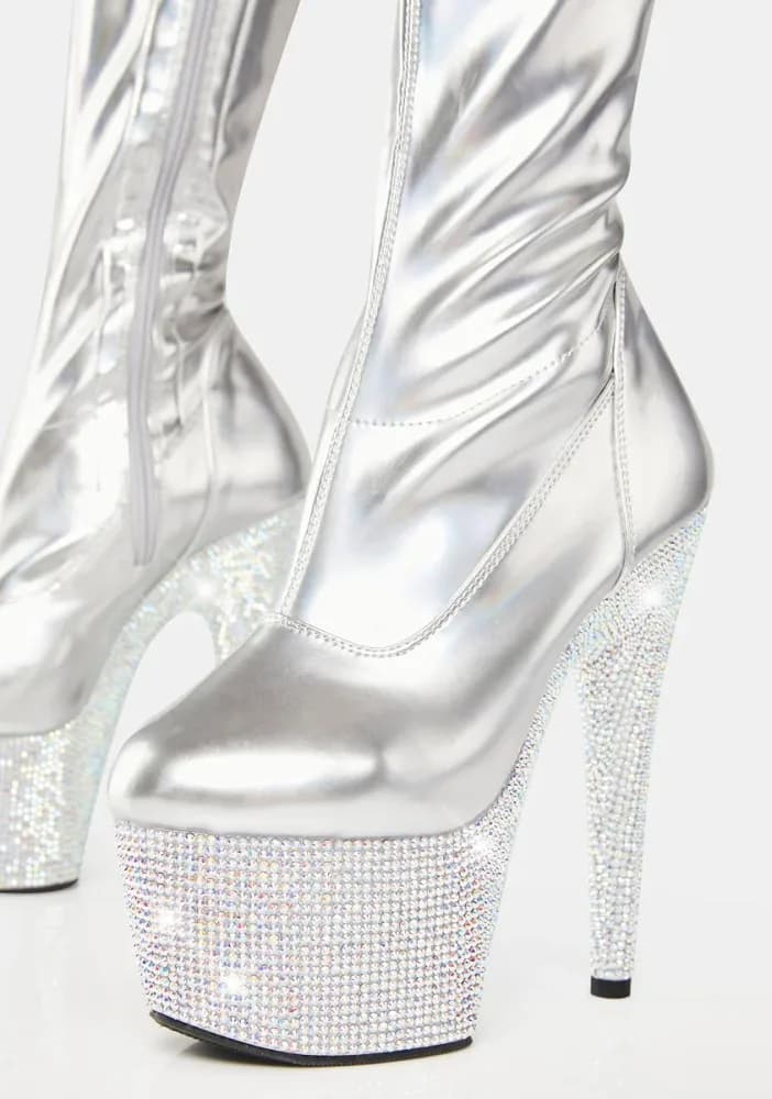 Silver Bejeweled-3000-7 Thigh High Boots