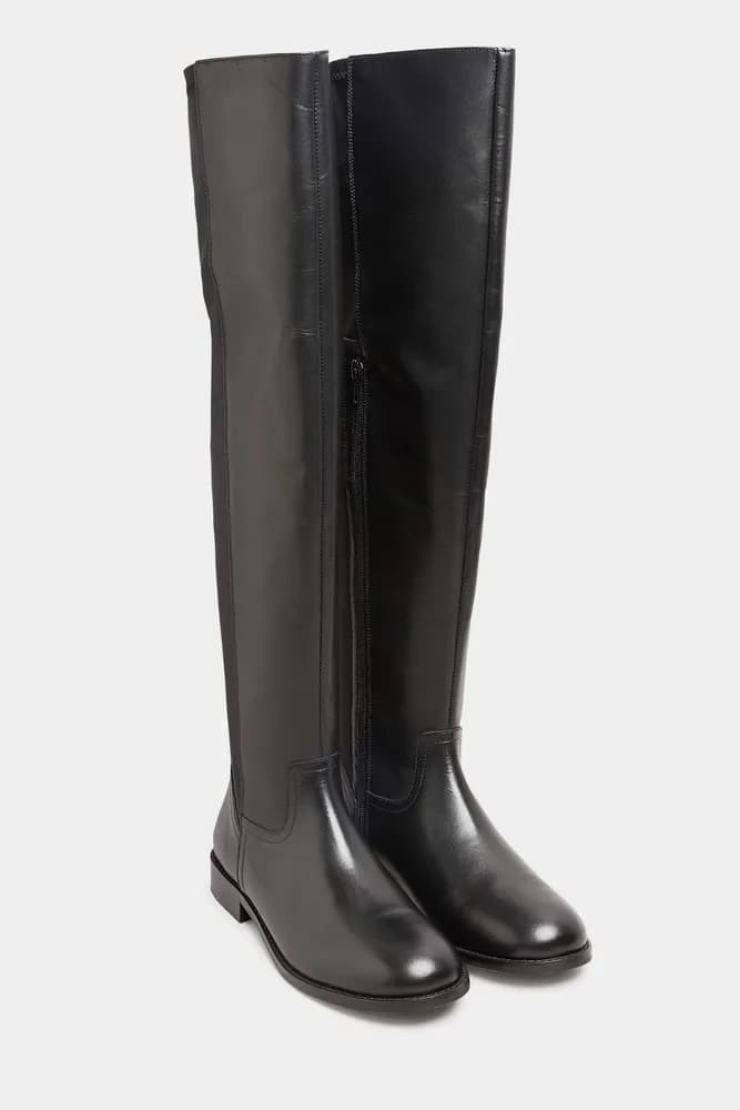 Black 50/50 Stretch Over The Knee Leather Boots In Standard Fit
