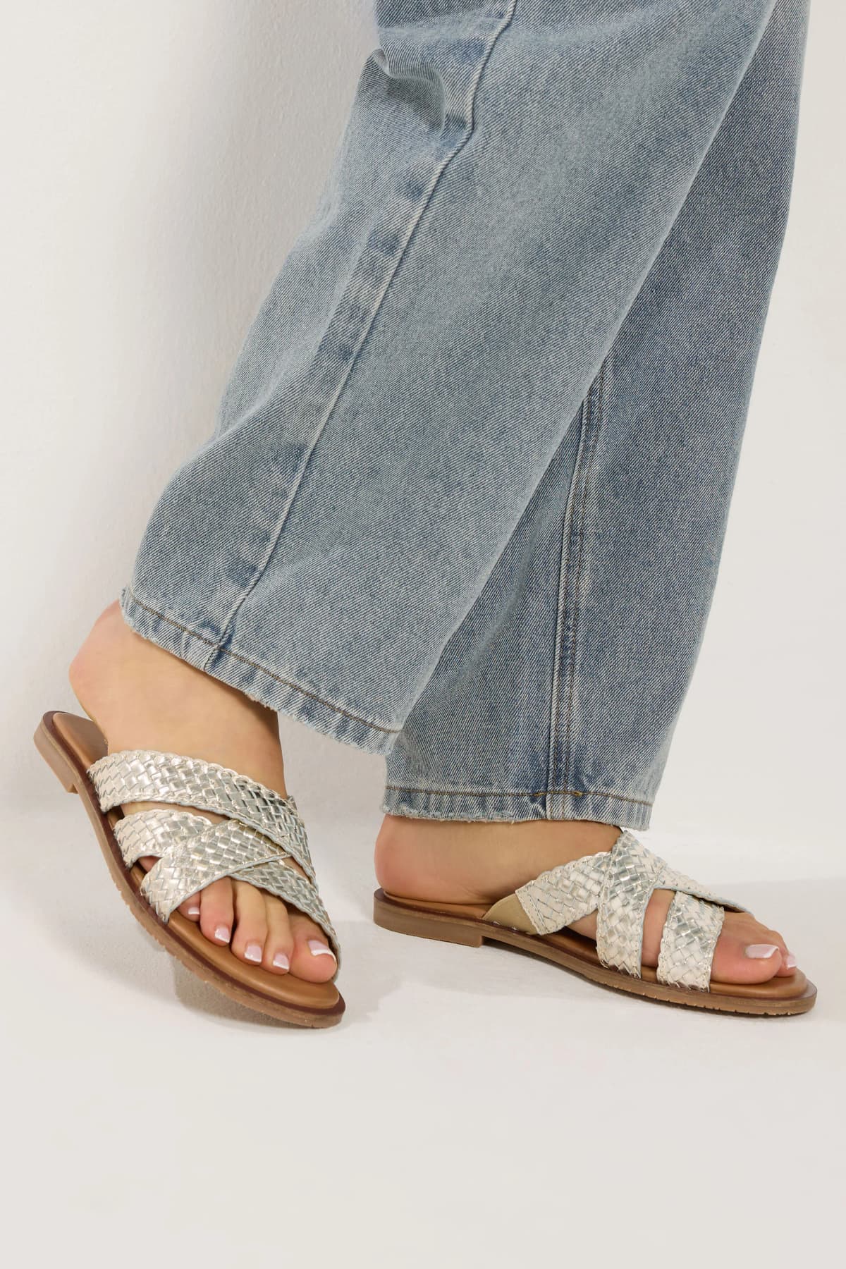 Gold Faux Leather Woven Mule Sandals In Standard Fit