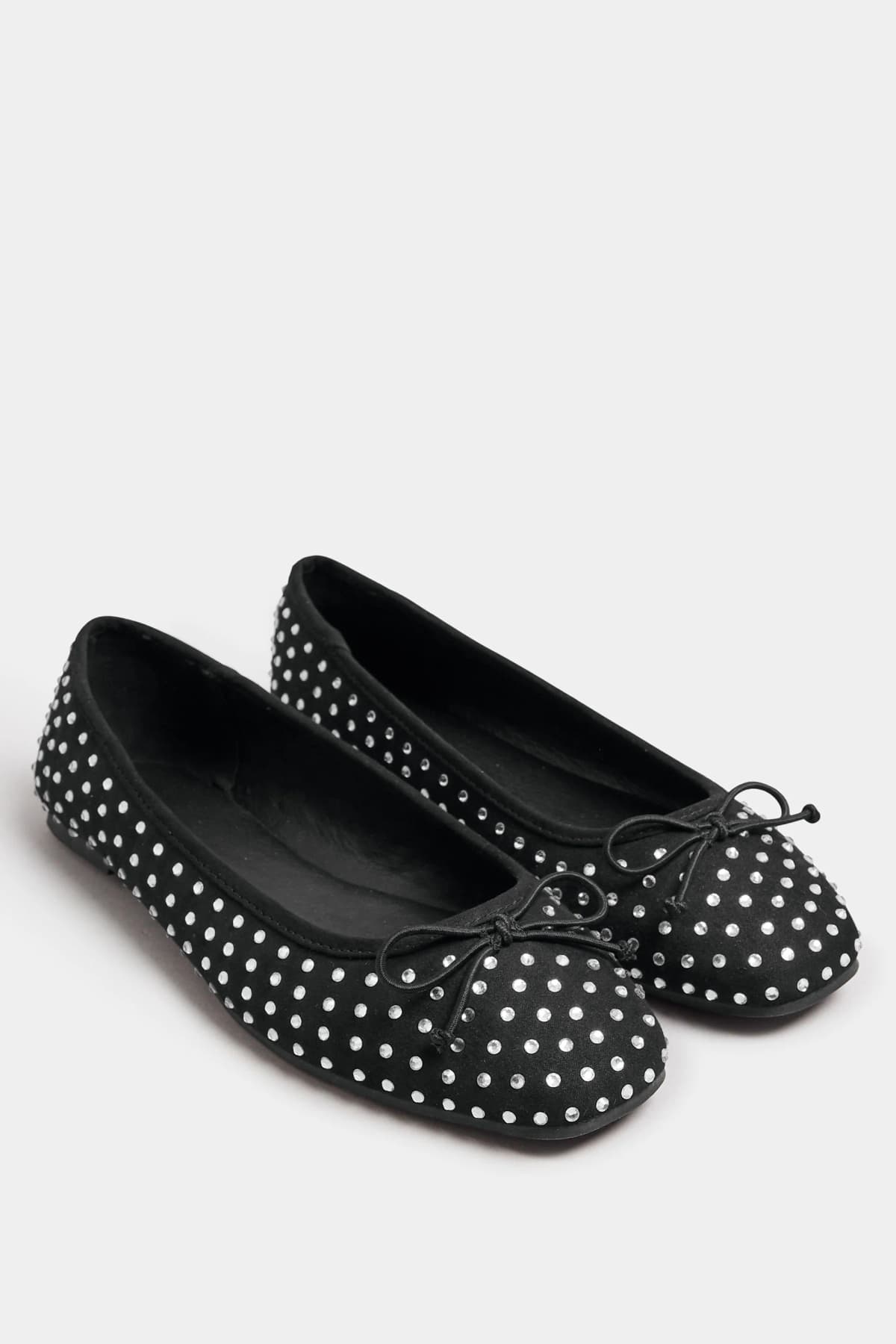 Black Faux Suede Diamante Ballerina Pumps In Standard Fit