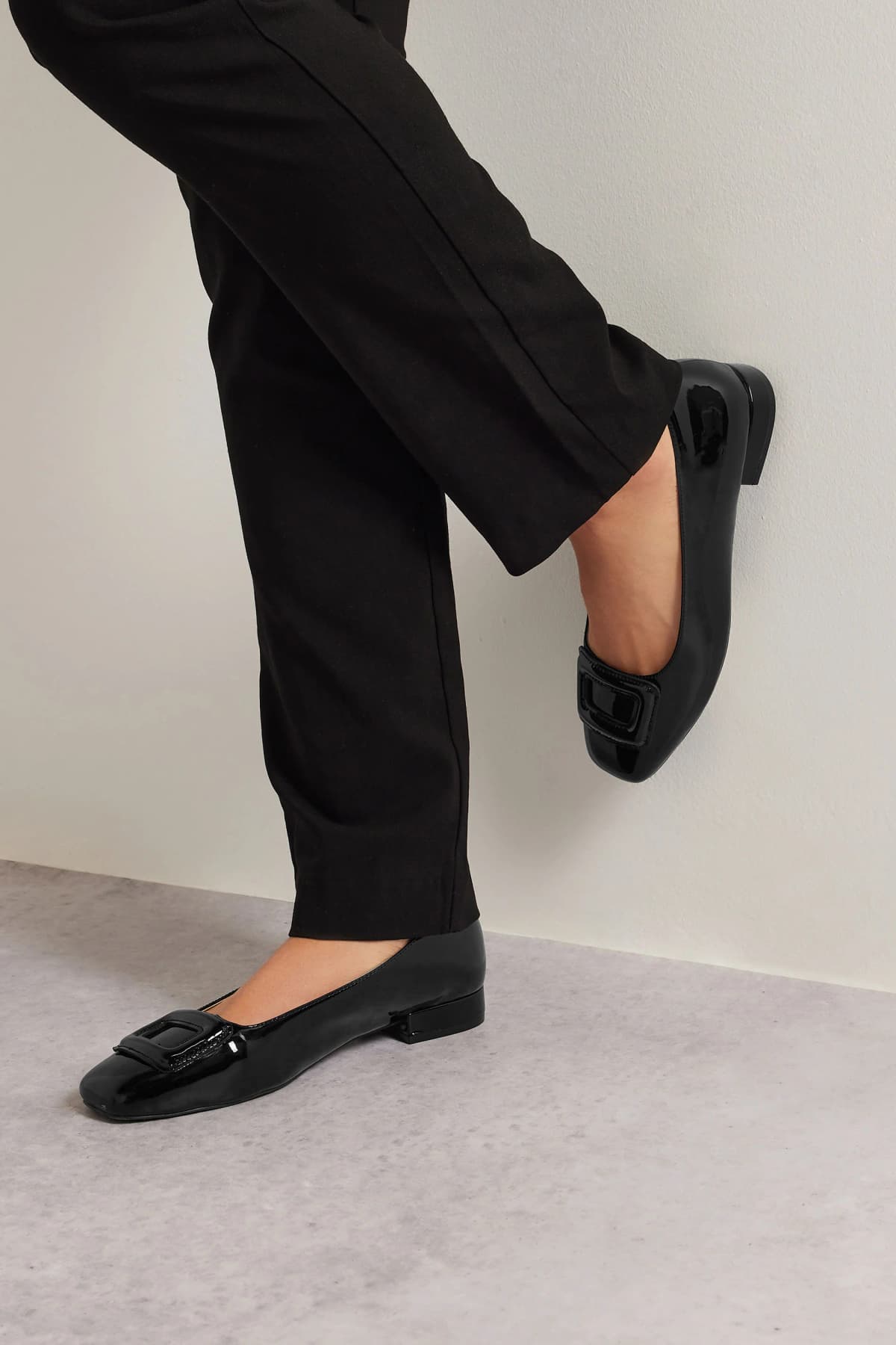 Black Patent Square Toe Flats In Standard Fit