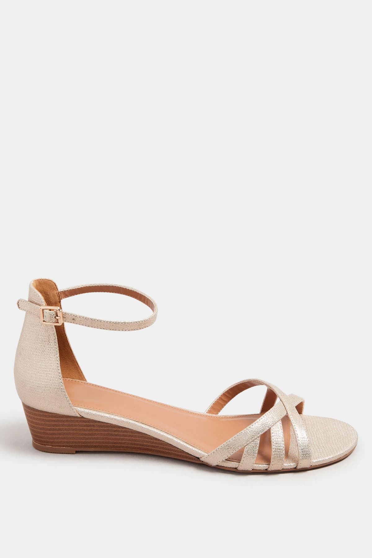 Gold Mid Heel Wedge Sandals In Standard Fit