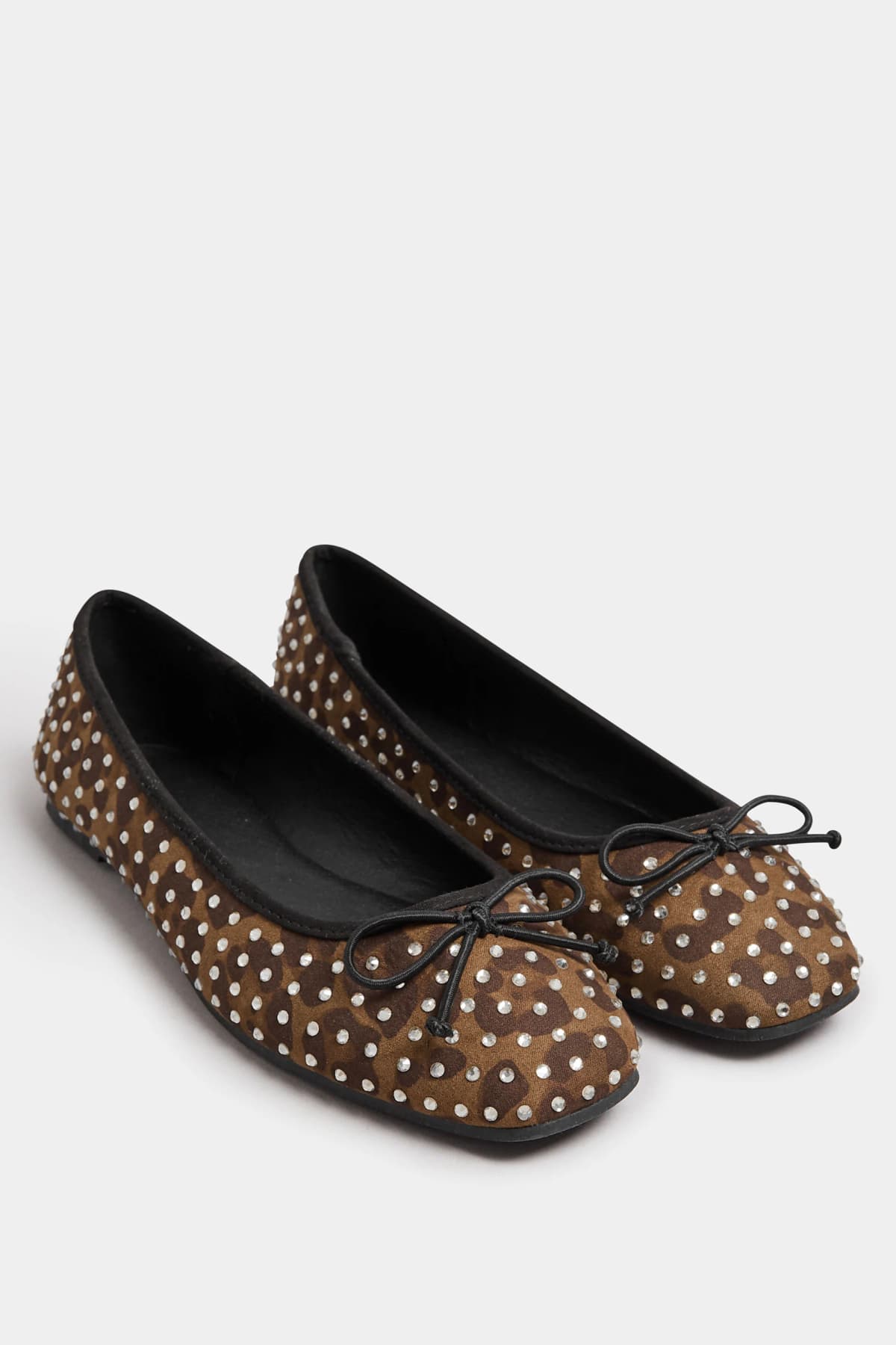 Brown Leopard Print Faux Suede Diamante Ballerina Pumps In Standard Fit