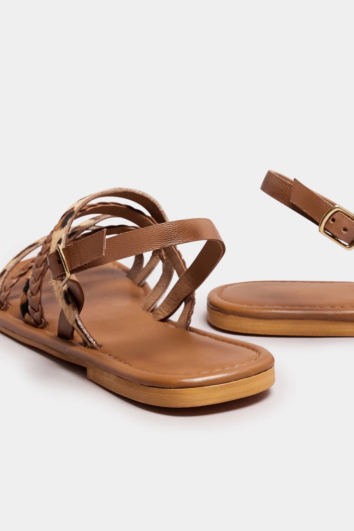 Brown Animal Print Leather Cross Over Sandals In Standard Fit