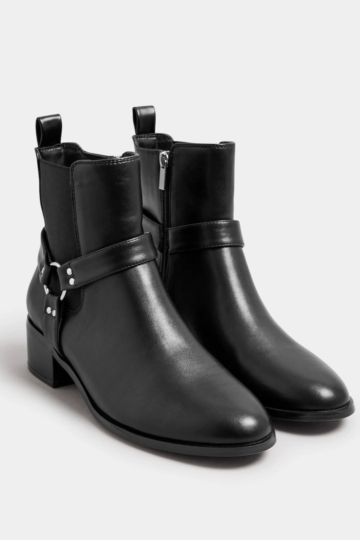 Black Faux Leather Harness Biker Boots In Standard Fit