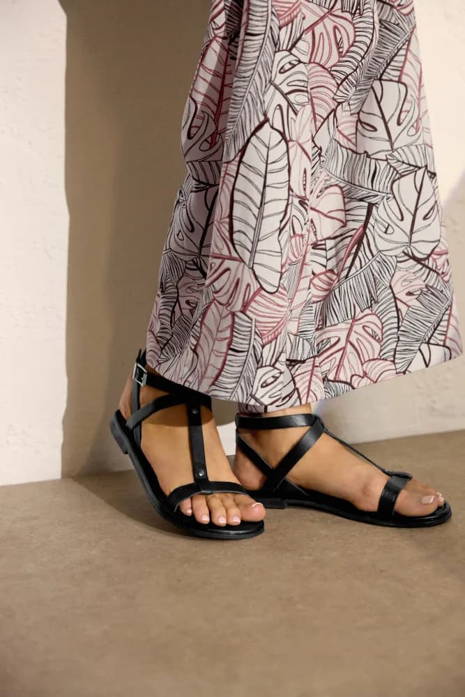Black Faux Leather Gladiator Sandals In Standard Fit
