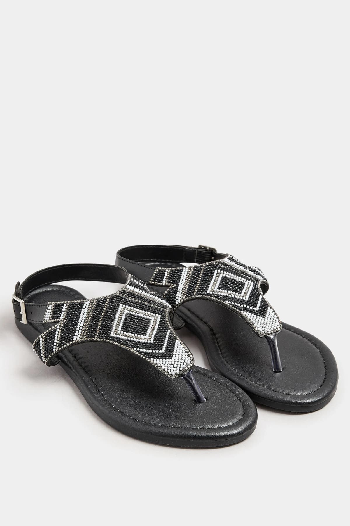 Black Beaded Ankle Strap Sandals In Standard Fit
