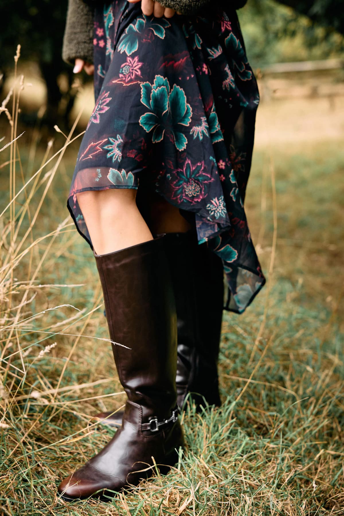 Brown Metal Trim Knee High Riding Boots