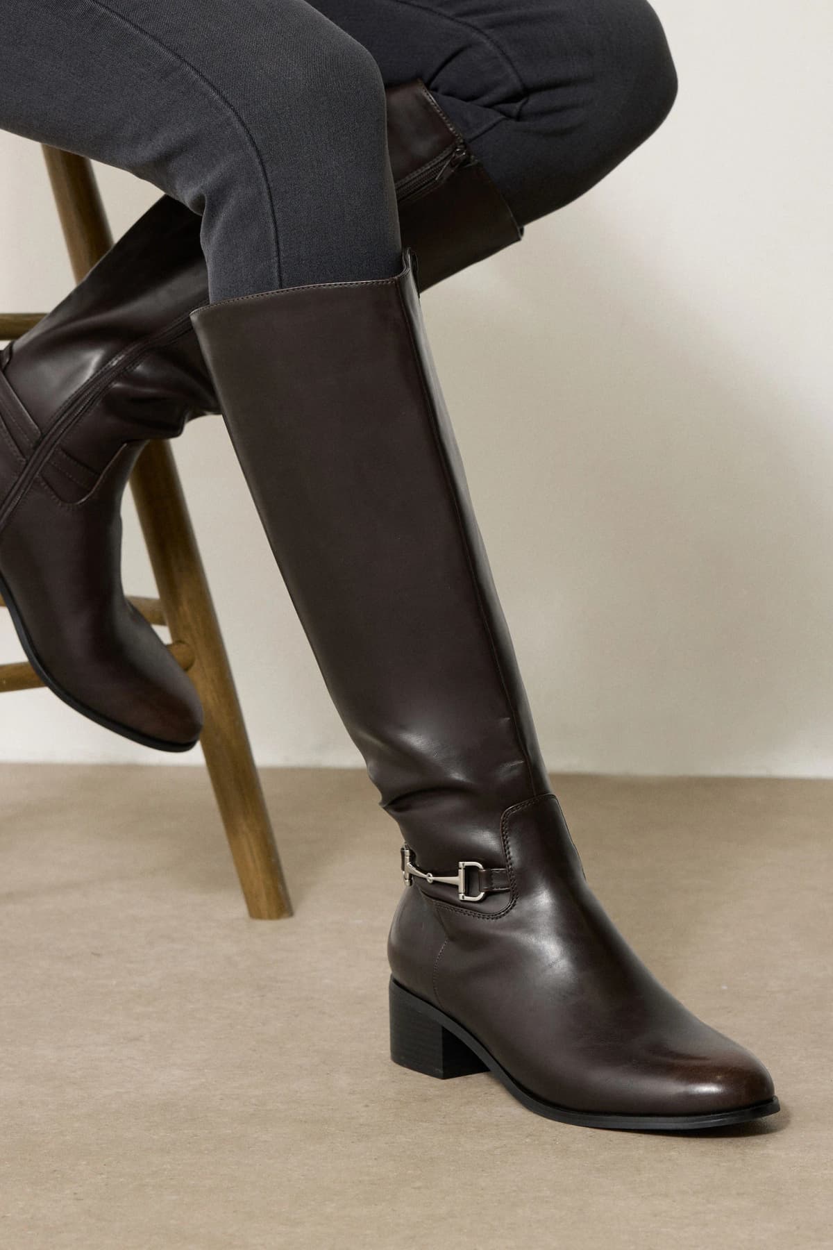 Brown Metal Trim Knee High Riding Boots