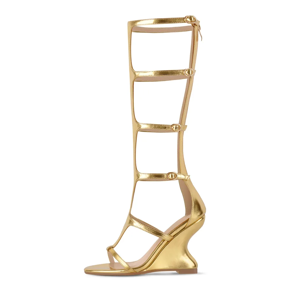 Round Toe Multi Buckles T-Strap Wedge Heel Sandals