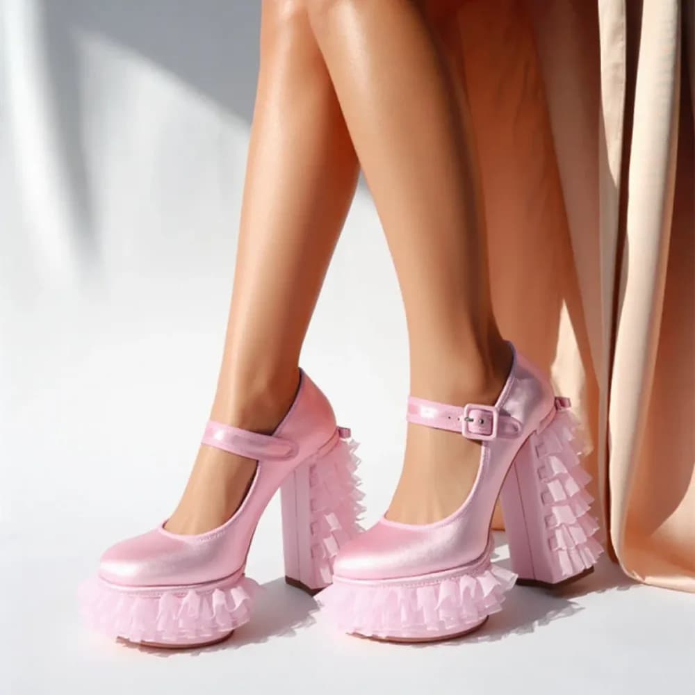 Satin Platform Lace Mesh Mary Jane Pumps