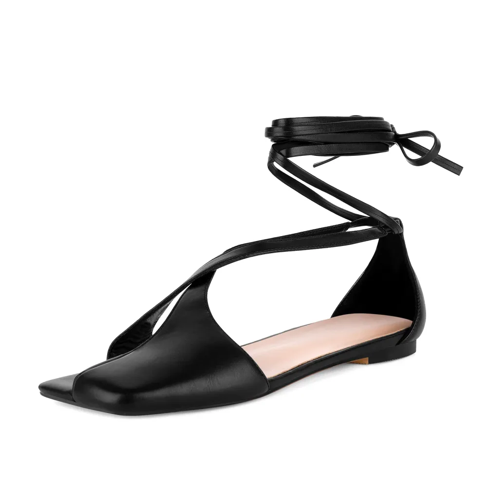 Square Toe Semi Open Toe Lace-up Flats