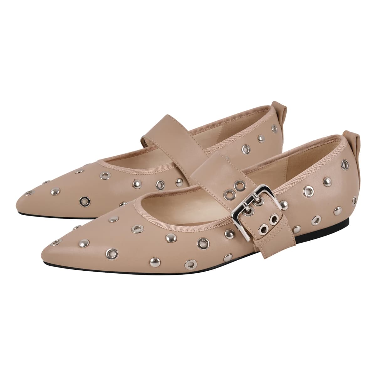 Pointed Toe Rivet Buckle Strap Flats