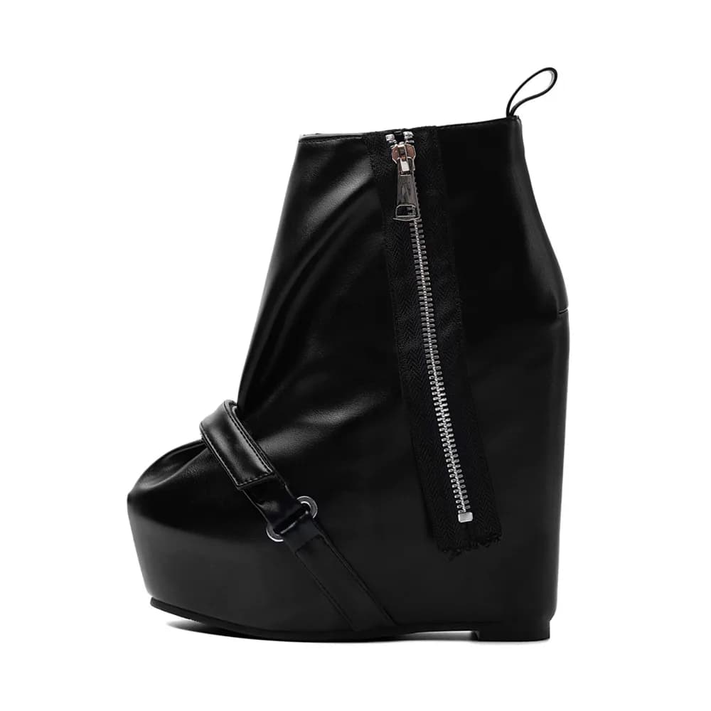 Platform Buckle Strap Zipper Wedge Heel Ankle Boots