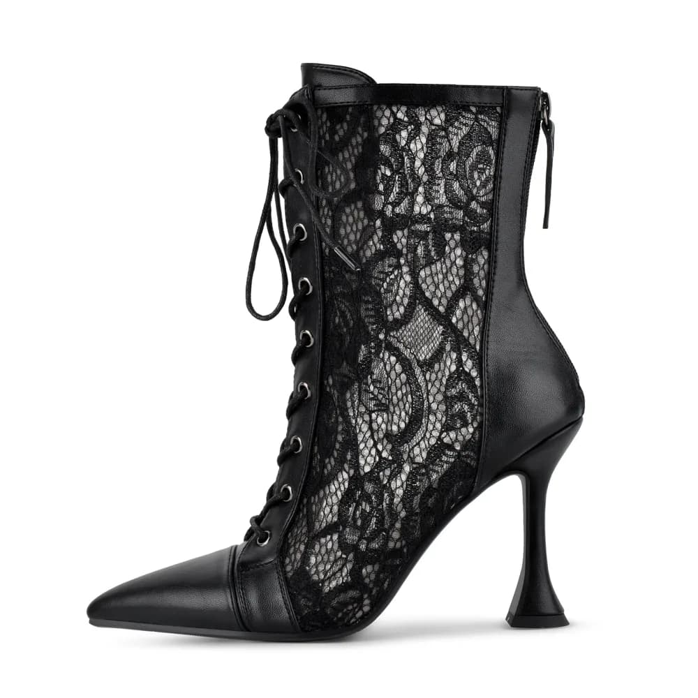 Pointed Toe Lace Mesh Lace-up Ankle Boots