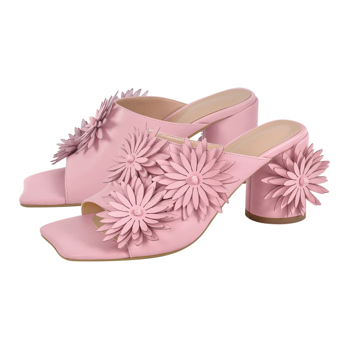Square Toe Flower Chunky Heel Mules