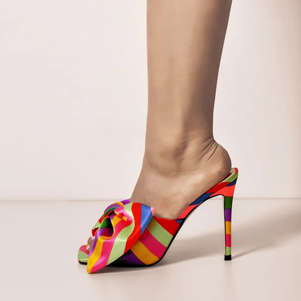 Colour Bow Leather Square Toe High Stiletto Heels Sandals