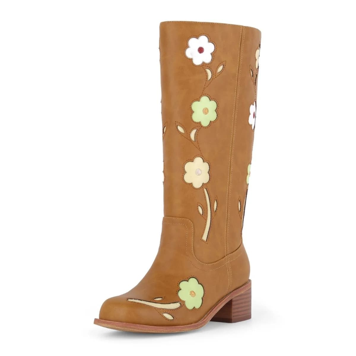 Square Toe Flower Embroidery Mid-Calf Boots