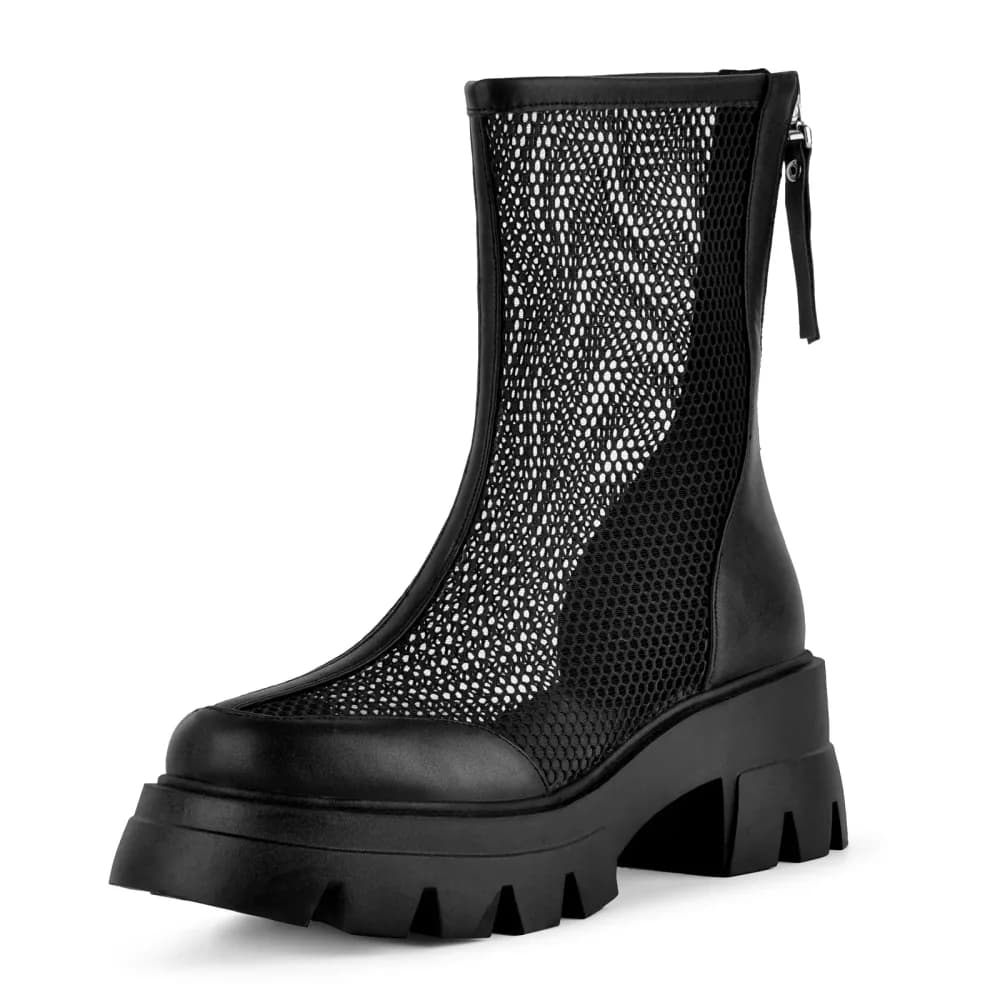 Mesh Platform Back Zipper Ankle Boots