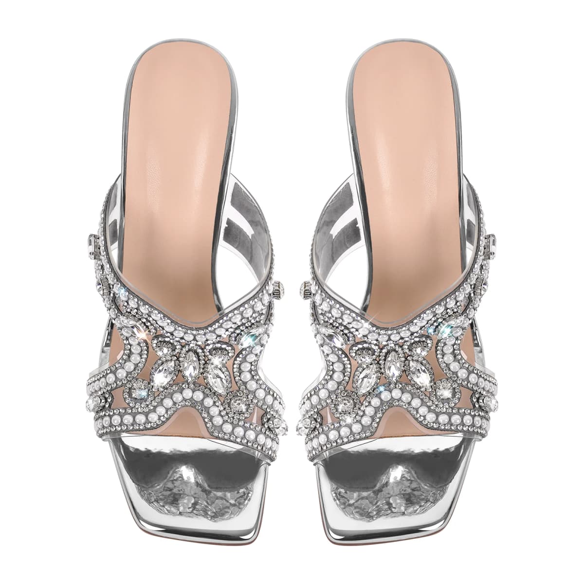 Pearl Rhinestone Square Toe Chunky Heel Sandals