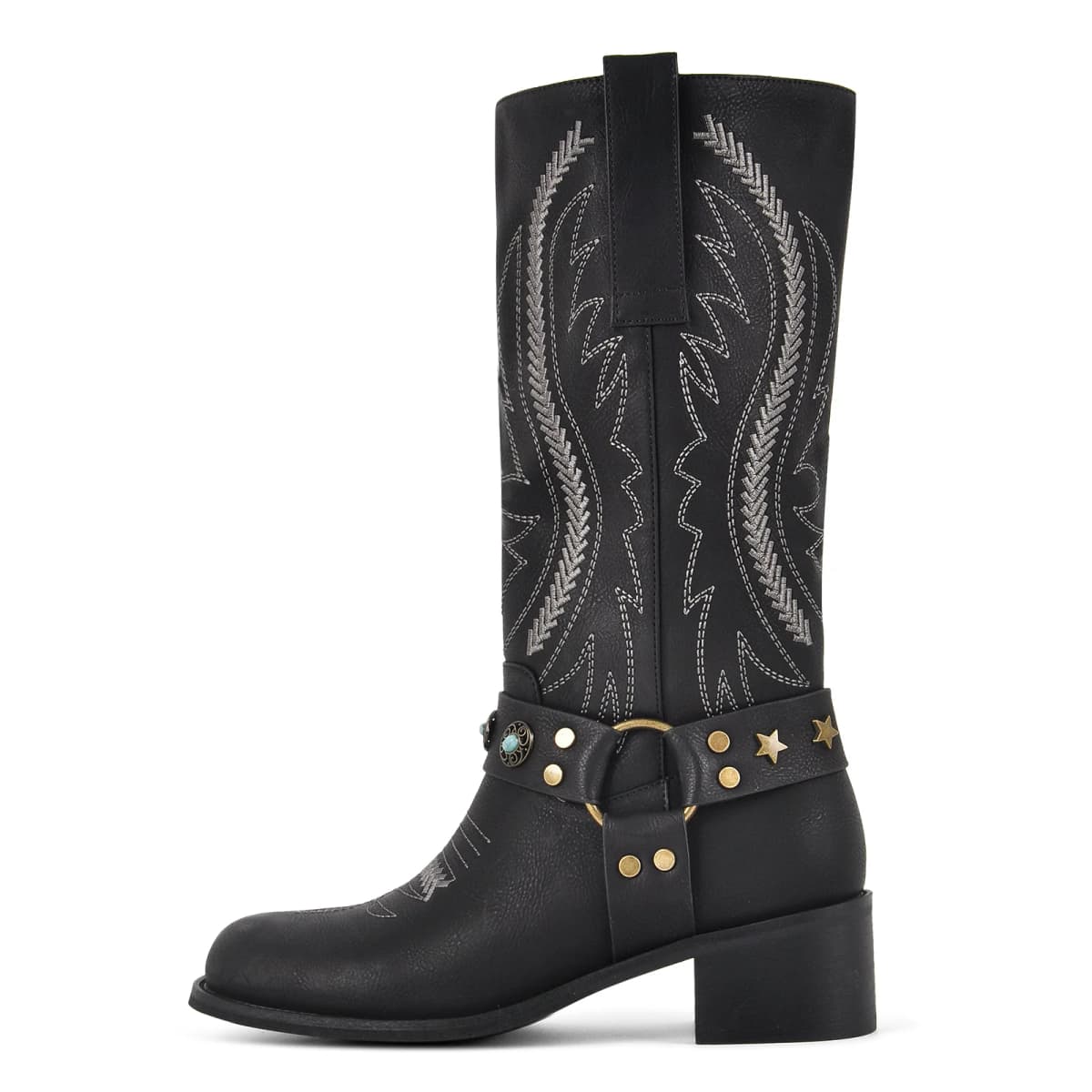Square Toe Embroidery Stud Strap Mid-Calf Boots