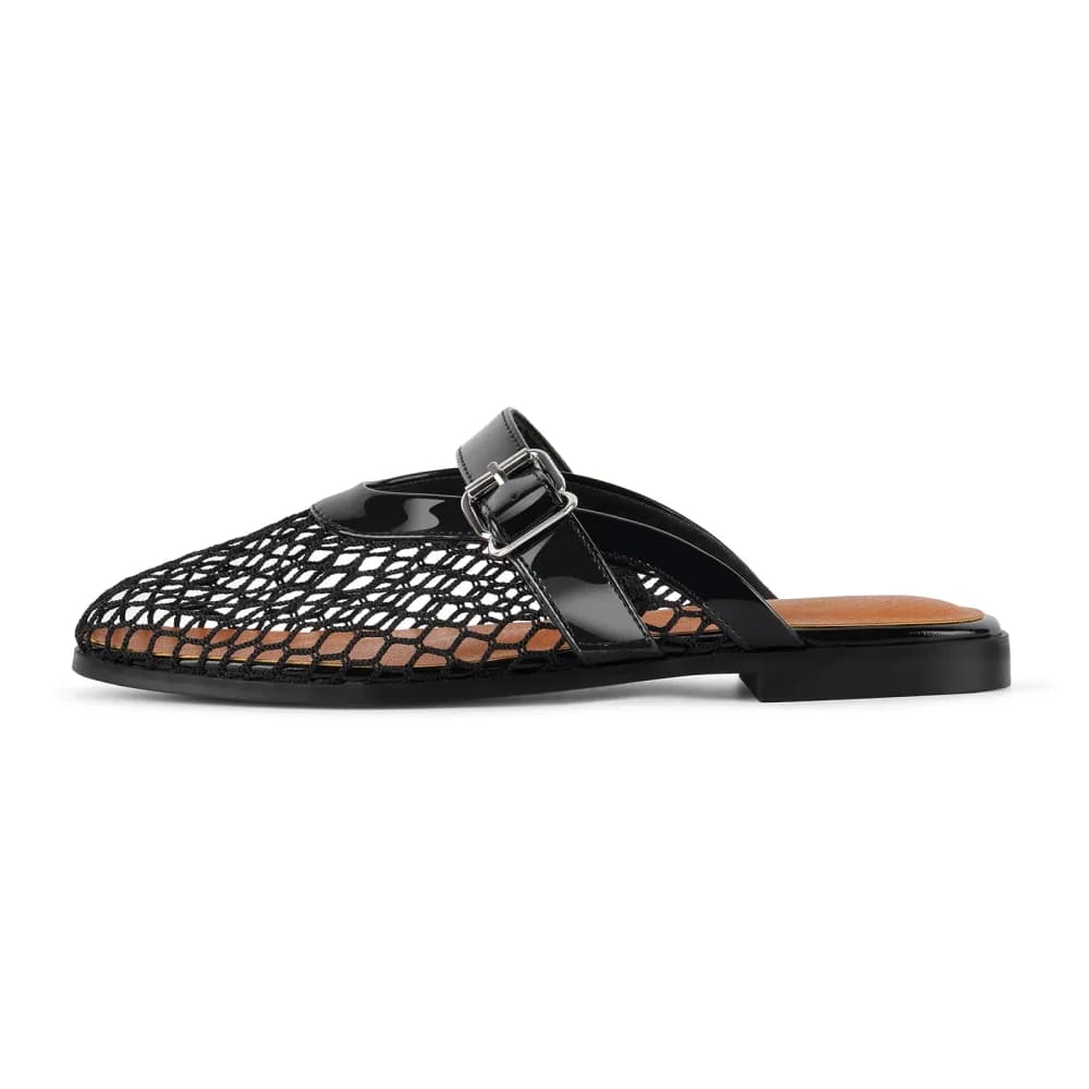 Fishnet Mesh Buckle Flat Mule Slides
