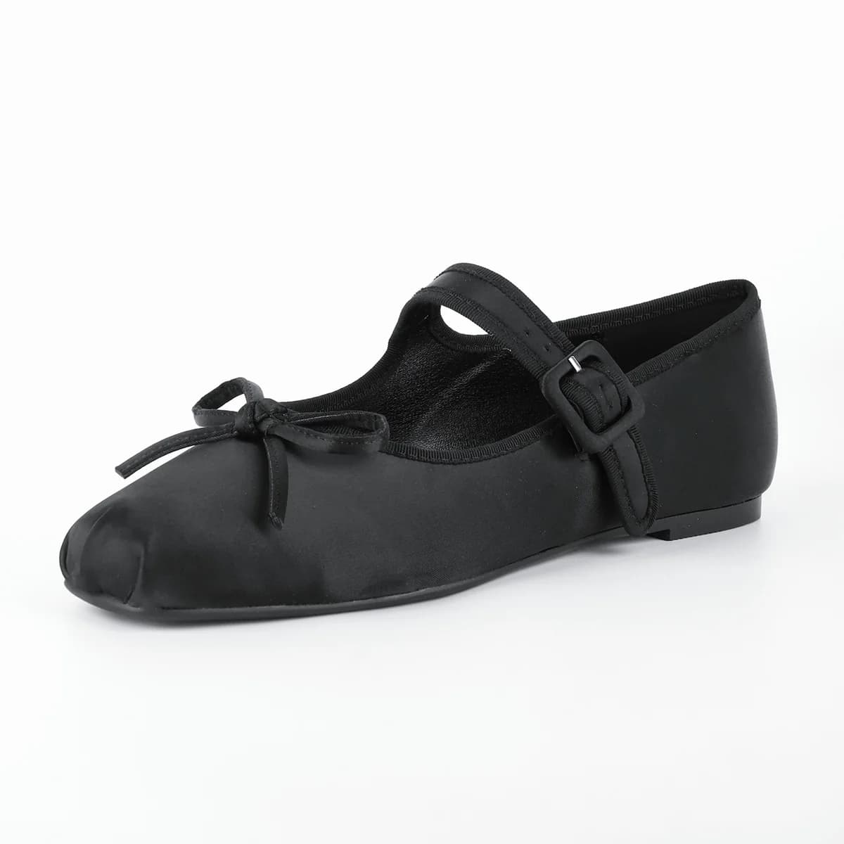 Bow Square Toe Satin Buckle Strap Ballet Flats