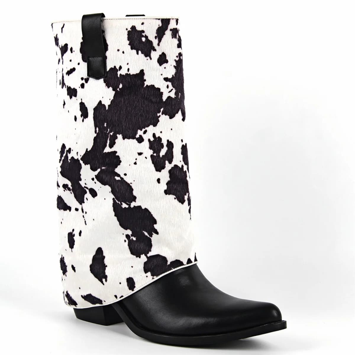 Pointed Toe Cowhide Fold Over Mid-Calf Boots