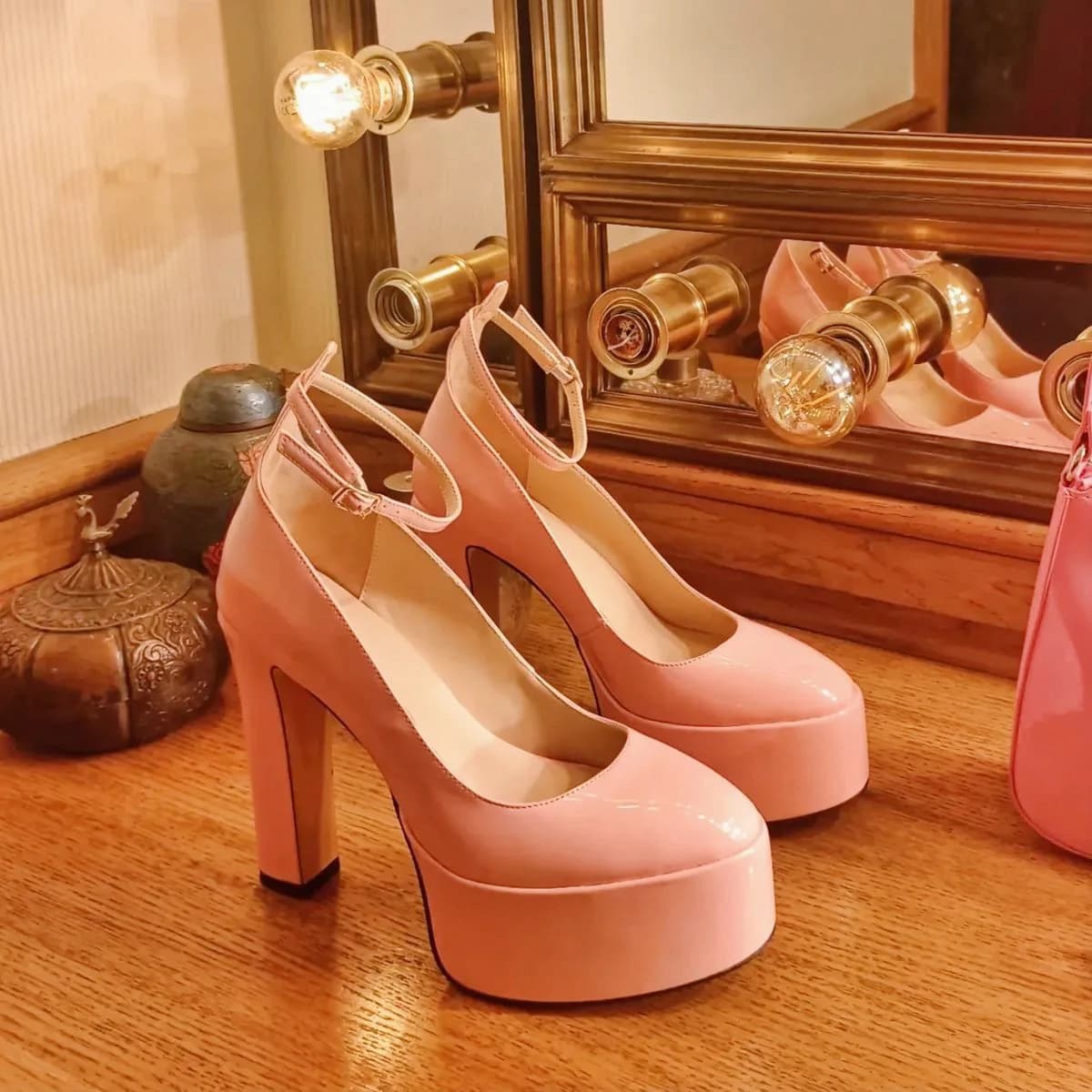 Platform Chunky Heel Ankle Strap Pink Pumps