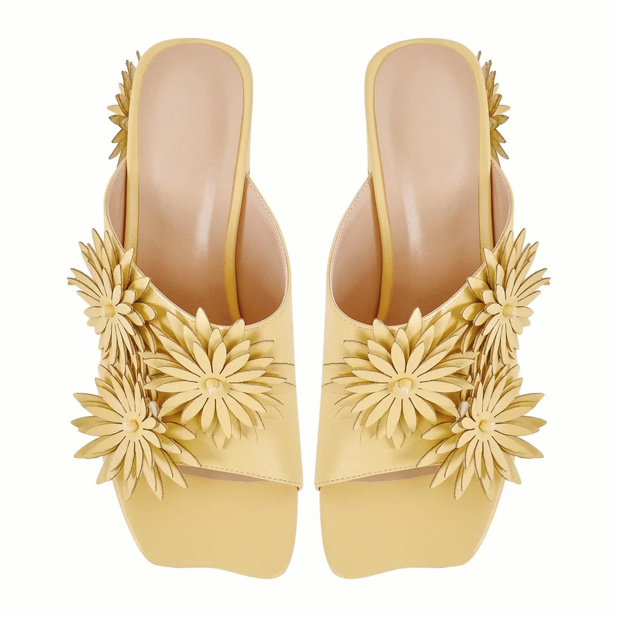 Square Toe Flower Chunky Heel Mules