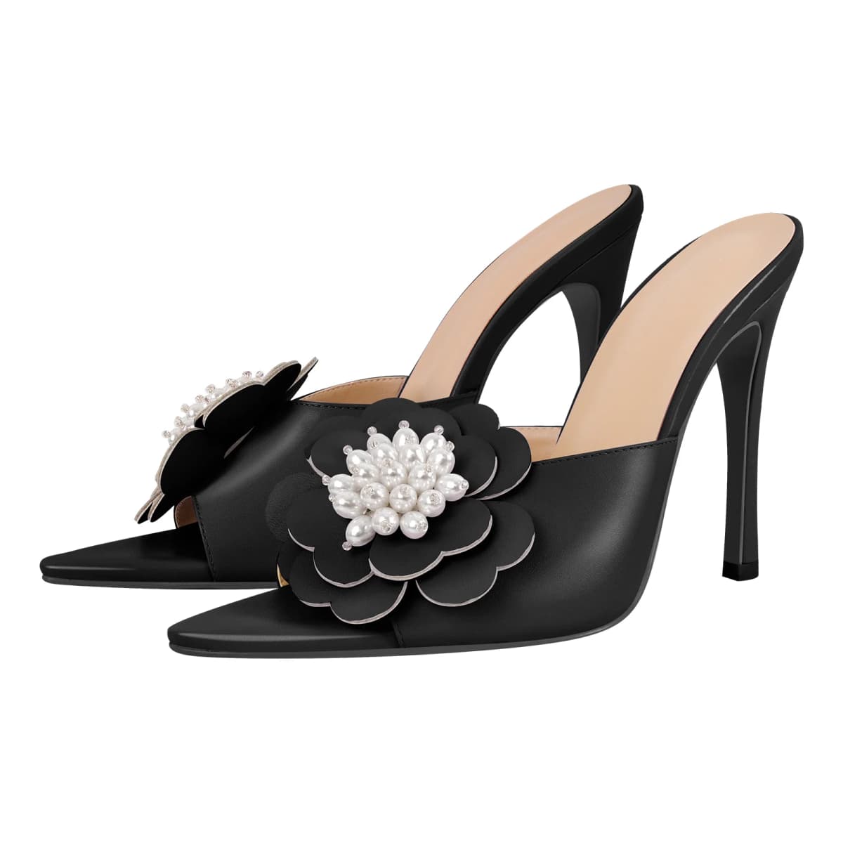 Pearl Flower Pointed Toe Stiletto Mules