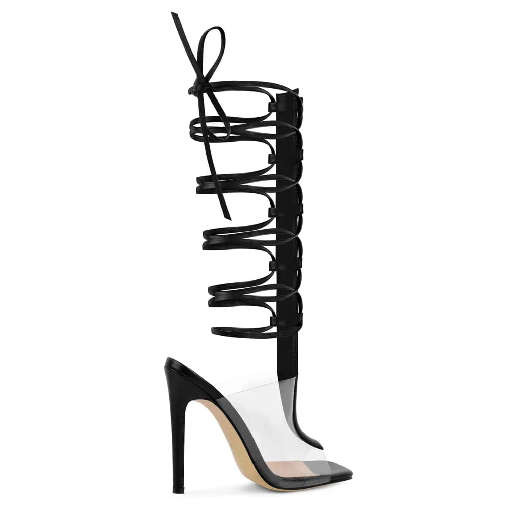 Square Toe Clear Strappy Lace-up Sandals
