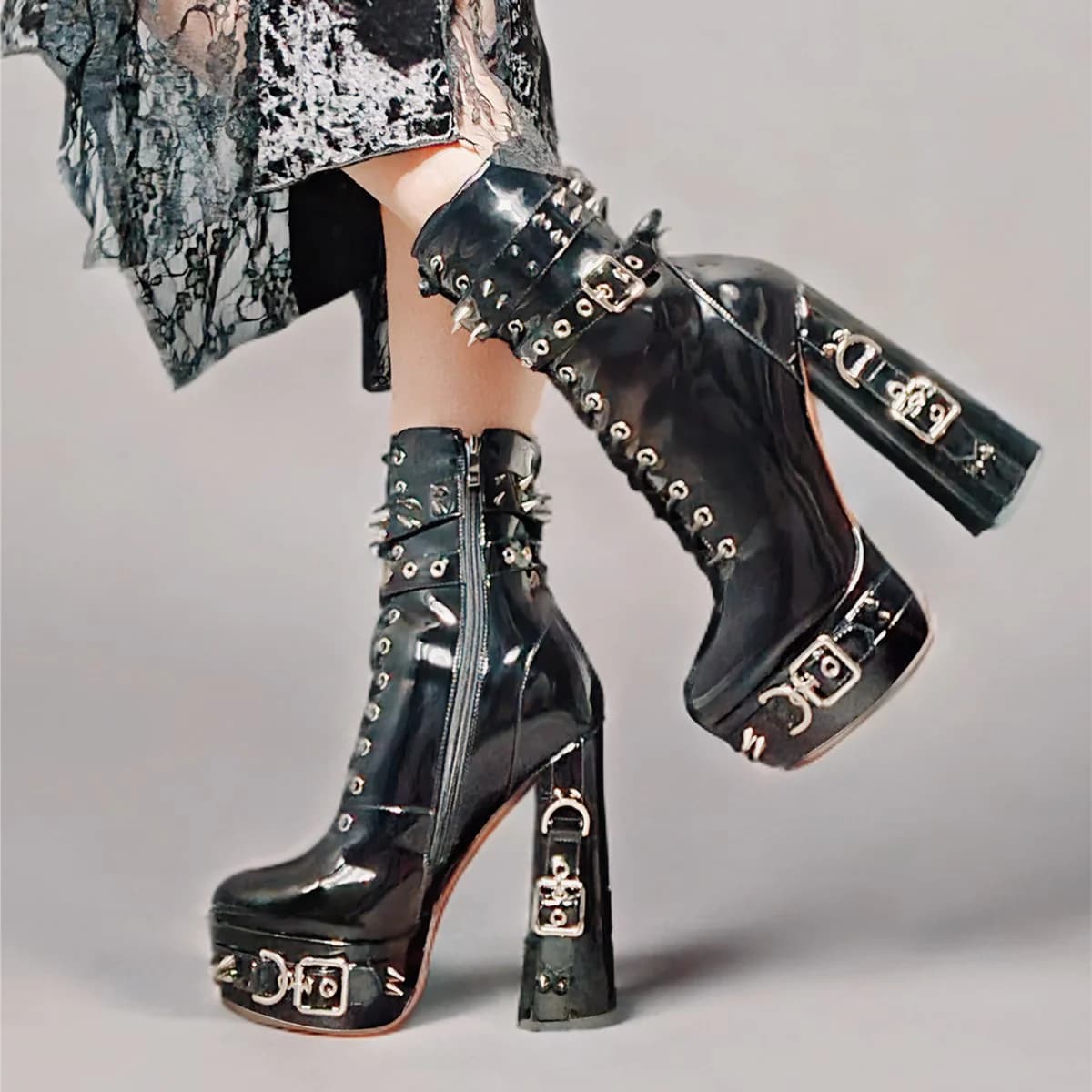 Rivet Belt Buckle Platform Lace-up Chunky Heel Boots