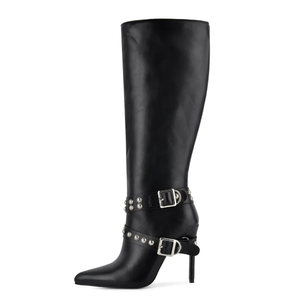 Pointed Toe Studded Buckle Strap Knee High Boots