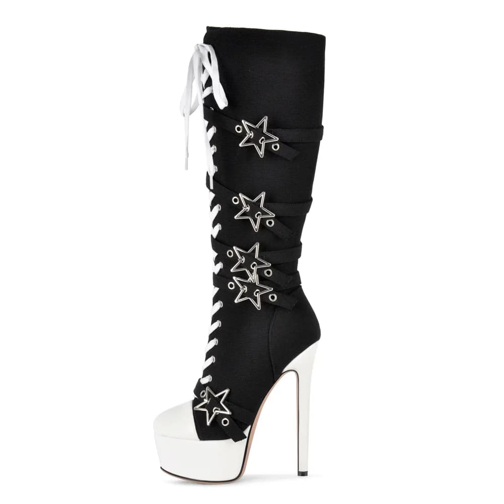 Platform Star Buckle Canvas Lace-up Knee High Boots