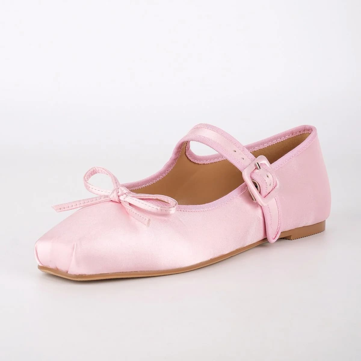 Bow Square Toe Satin Buckle Strap Ballet Flats