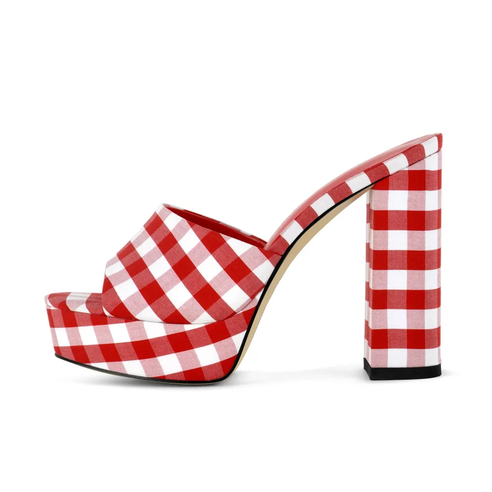 Round Toe Platform Plaid Chunky Heel Mules