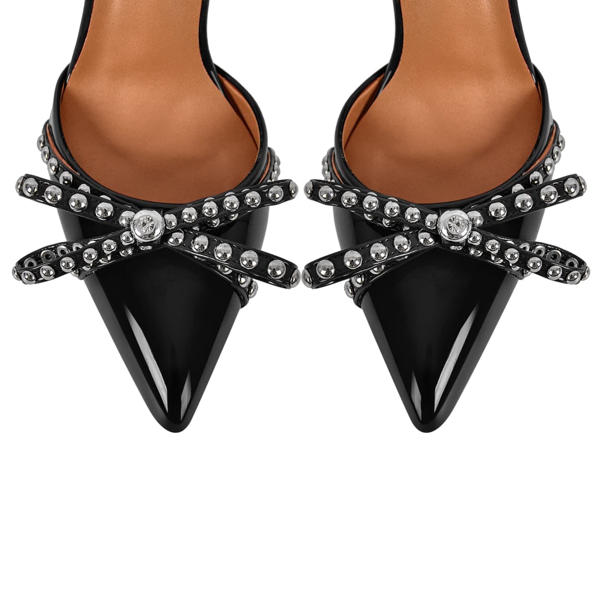 Bow Rivet Pointed Toe Cross Ankle Strap Pumps