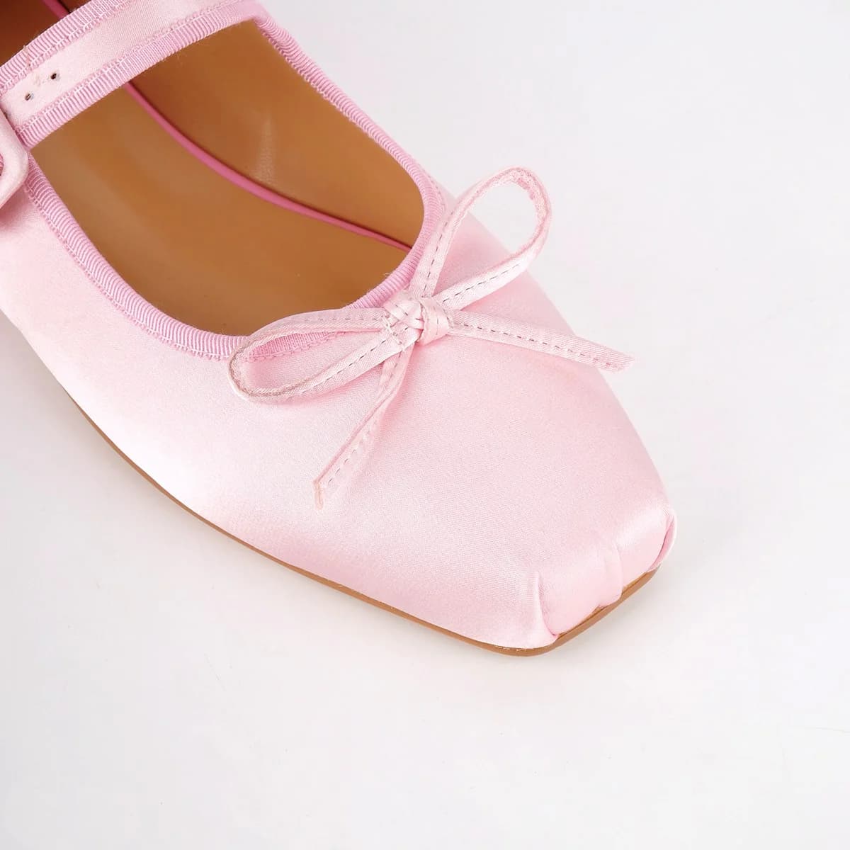 Bow Square Toe Satin Buckle Strap Ballet Flats
