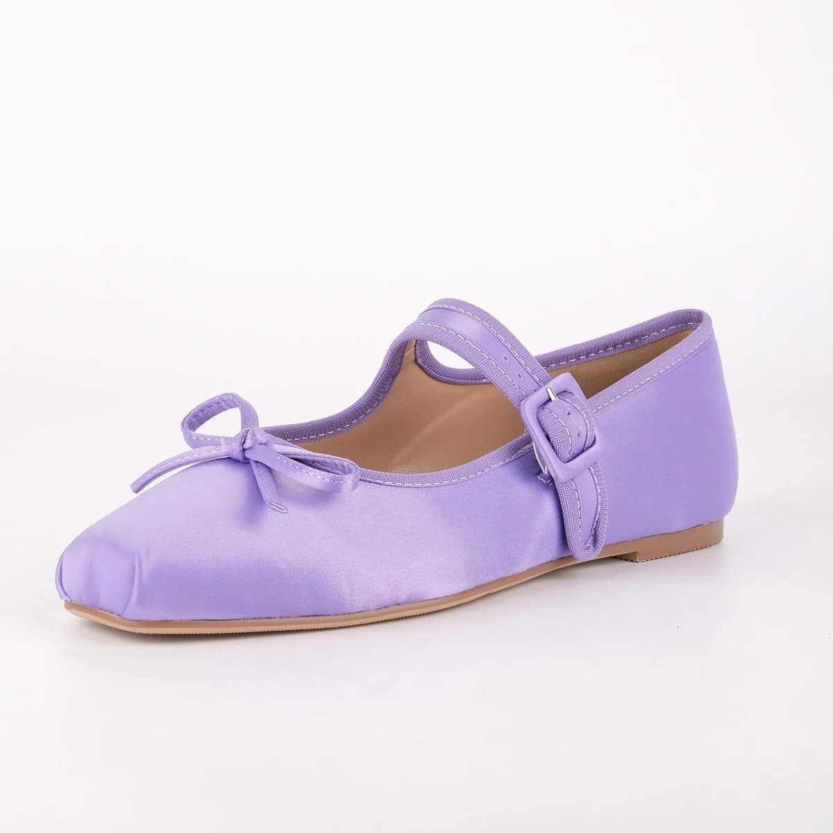 Bow Square Toe Satin Buckle Strap Ballet Flats