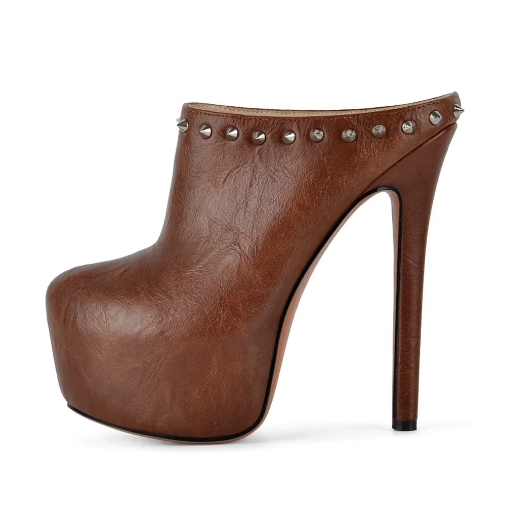 Round Toe Platform Studded Stiletto Mules