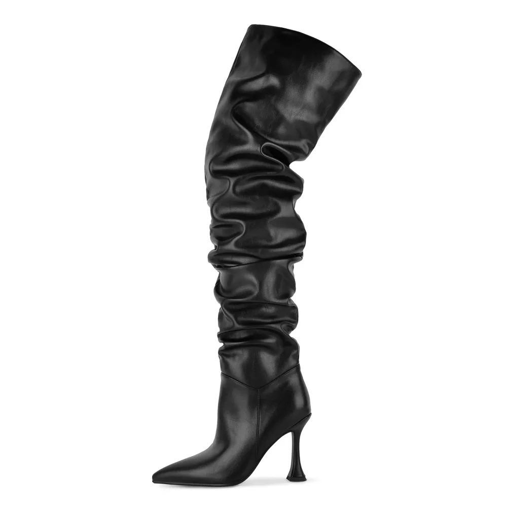 Pointed Toe Ruched Tapered Heel Thigh High Boots