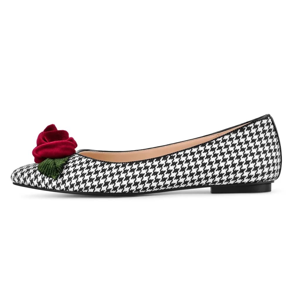 Pointed Toe Houndstooth Rose Ballet Flats
