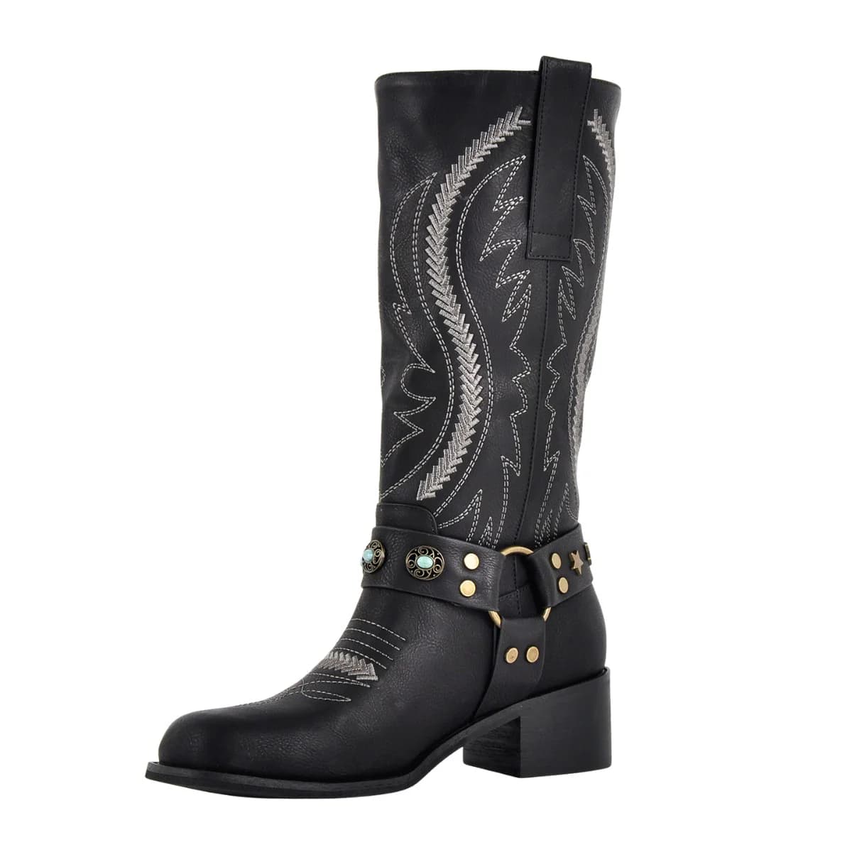 Square Toe Embroidery Stud Strap Mid-Calf Boots