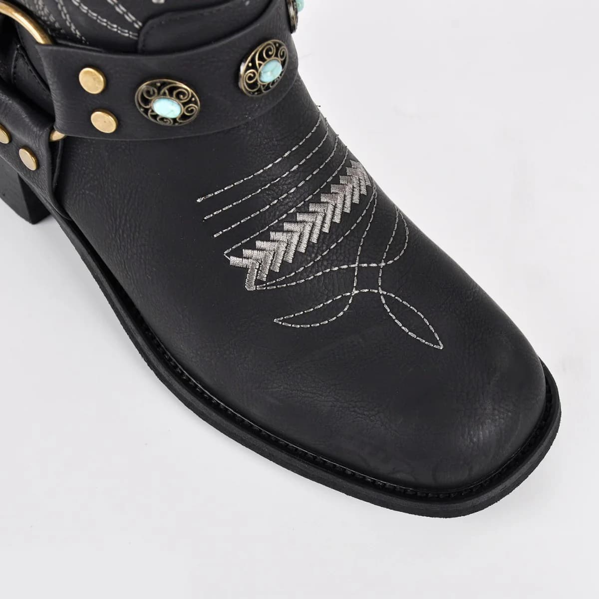 Square Toe Embroidery Stud Strap Mid-Calf Boots