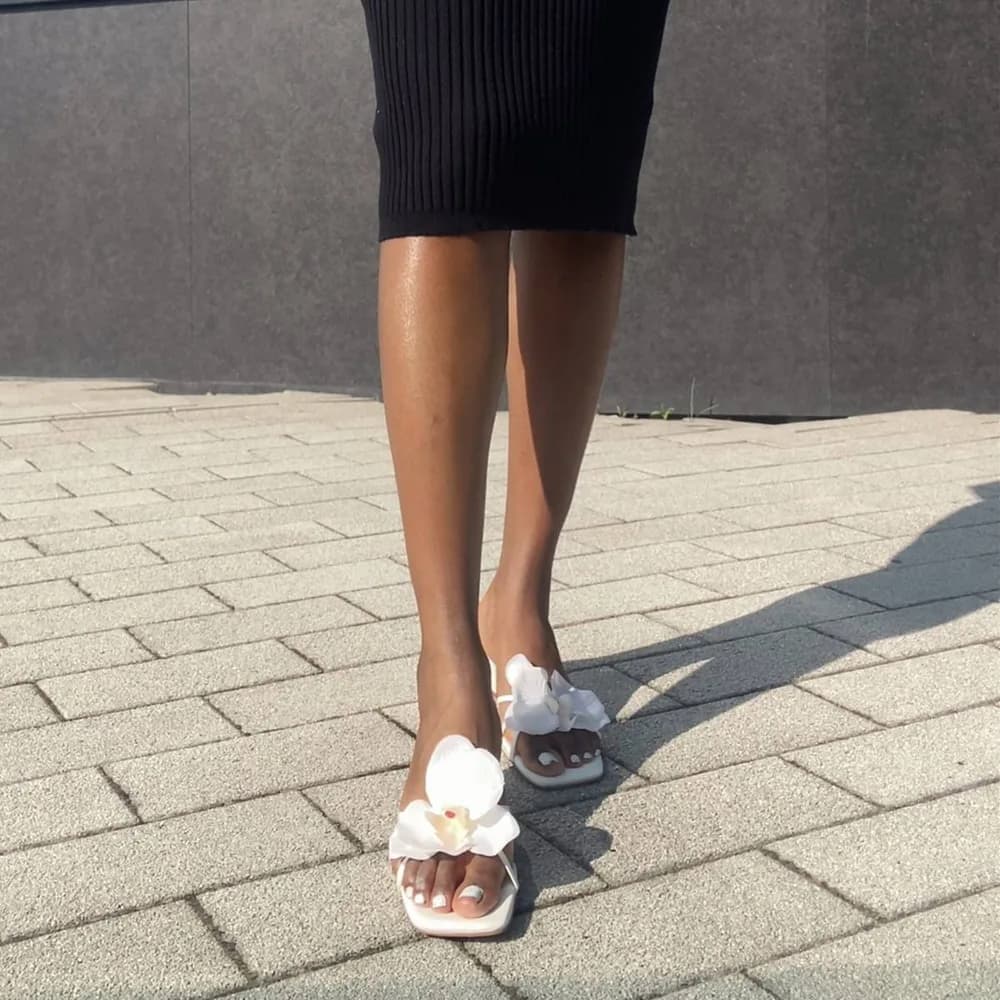 Flower Square Toe Chunky Heel Sandals Mules